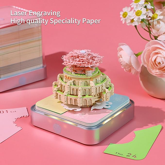 Time Piece Calendar,3D Art Calendar Memo Pad 2025 Creative Desk Calendar with Light,Castle in Sky Tear Away Paper Carving 3D Memo Pad Art Notepad Christmas Gift