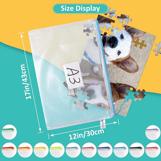 12pcs Mesh Zipper Pouch Bags, Extra Large A3 Puzzle Bag for Organizing, 12 Colors, 12 Packs, Classroom Must Have Storage Bag, File Bags for School, Board Games and Office Supplies