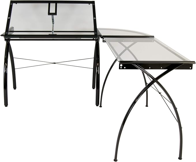 SD STUDIO DESIGNS Futura LS WorkCenter with Tilt Top Adjustable Drafting Table Craft Table Drawing Desk Hobby Table Writing Desk Studio Desk, Black / Clear Glass.