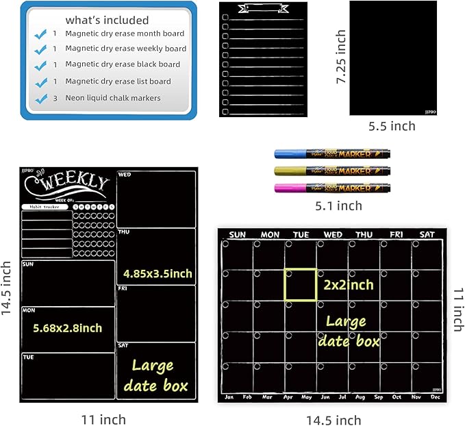 Magnetic Chalkboard Monthly Calendar - Weekly Planner Blackboard Combo Set w/Neon Bright Liquid Chalk Markers - Bonus Grocery List and Notepad Blackboard for Refrigerator Included