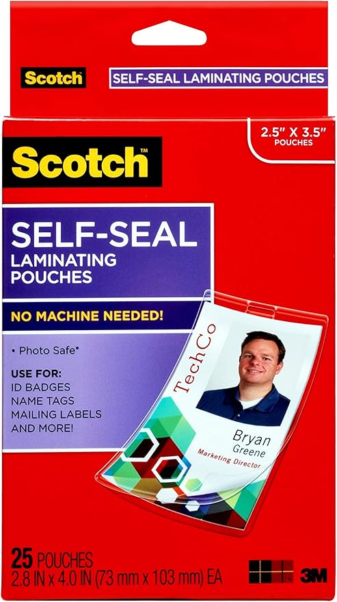 Scotch Self-Sealing Laminating Pouches, ID Protectors Includes Clips, 2.25 Inches x 3.5 Inches, 25 Pouches (LS852G) (Pack of 12, 300 Count Total)