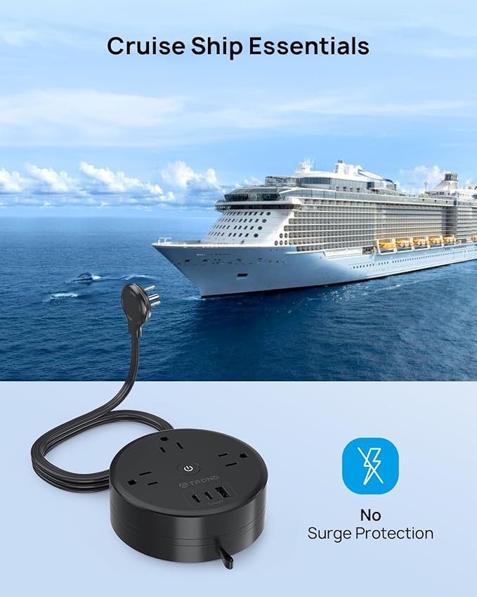 TROND Power Strip Flat Plug - Extension Cord 10FT Semi-Retractable, Power Strip with 3 AC Outlets 3 USB Ports (2 USB C), Ultra Thin Flat Plug, Cruise Ship Essentials, for Home, Hotel, Office