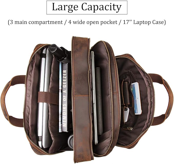 Augus Business Travel Briefcase Genuine Leather Duffel Bags for Men Laptop Bag fits 15.6 inches Laptop