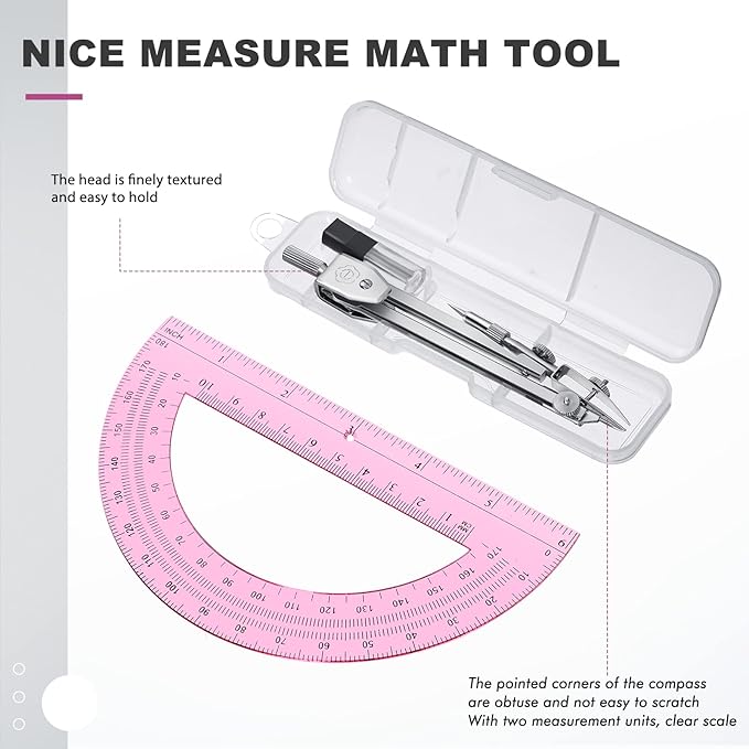 EBOOT Student Geometry Math Set, Drawing Compass and 6 Inch Swing Arm Protractor 180 Degree Math Protractor (Pink)