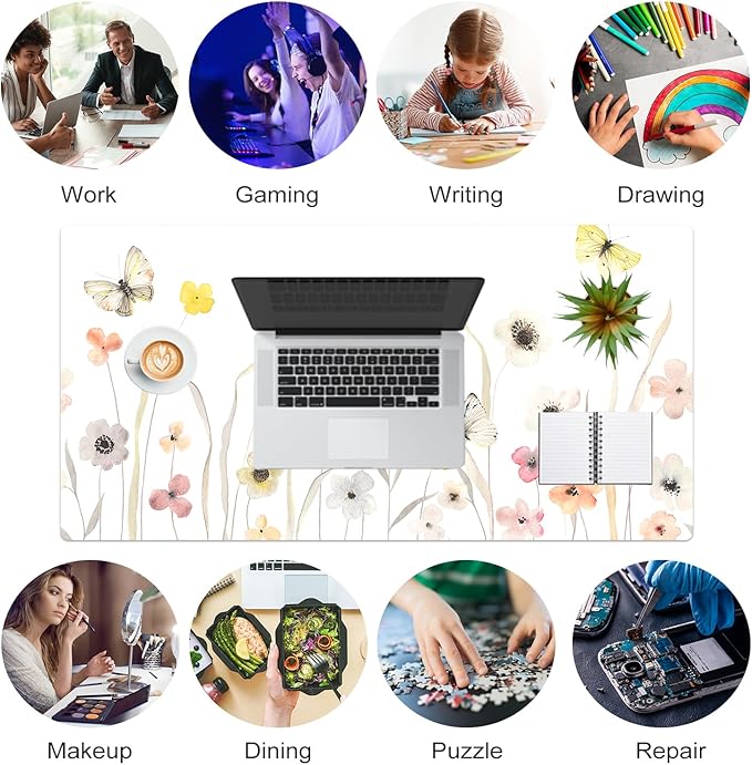 Colorful Star Large Desk Mat, Watercolor Floral Mouse PadOffice Supplies, Waterproof PU Leather Gaming Mousepad for Women Girls, Butterflies Desk Pad Home Office Decor Desk Accessories 31.5" x 15.7"