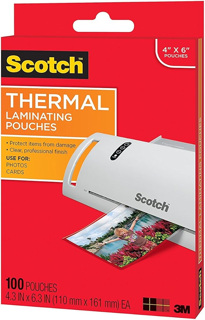 Scotch Thermal Laminating Pouches, 100 Count, Clear, 5 mil., Laminate Business Cards, Banners and Essays, Ideal Office or School Supplies, Fits Photo Sized (4.3 in. × 6.3 in.) Paper