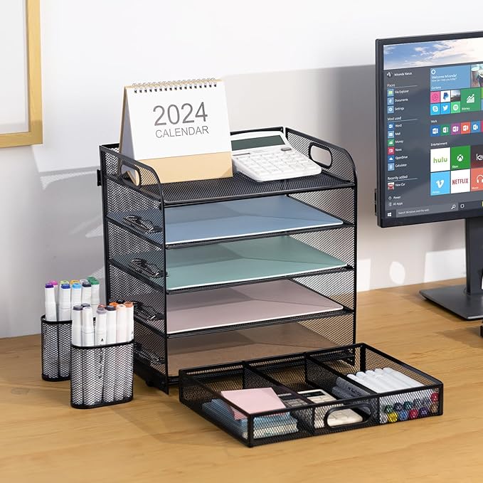5-Tier Letter Tray Desk Organizer with Drawer and Pen Holder, Mesh File Organizer with Handle, Office Supplies Document Paper Sorter Desk Organization for Home Office, Black