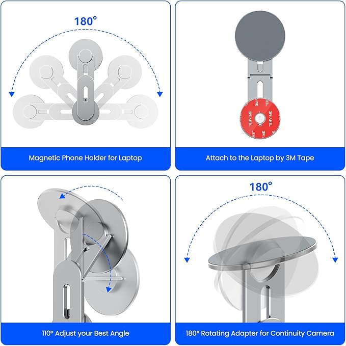 Magnetic Phone Holder for Laptop for MagSafe for iPhone 16/15/14/13/12 & All Phones, 180°Adjustable Phone Side Mount for Computer Monitor for Tesla, Desktop Cell Phone Bracket, Gray
