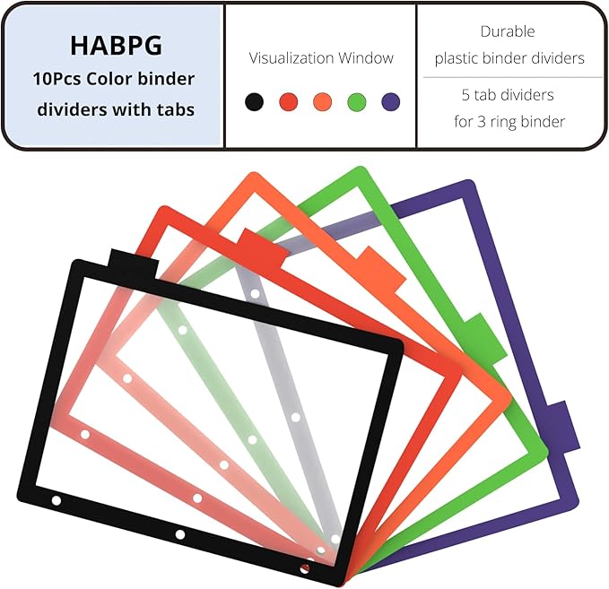 HABGP 10PCS/2 Set 3 Ring Binder Dividers with Tabs, Color Page Dividers for 3 Ring Binder with Tabs, 5 Tab Dividers, Clear Folder Dividers, Three Ring File Dividers with Tabs, Tabbed Index Dividers