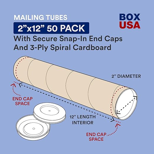 BOX USA Cardboard Tubes with Caps, 12"L x 2"W x 2"H, Pack of 50 | Poster Tube for Mailing and Storage of Blueprints, Artwork, Crafts, Long Art Holder, 12 inches