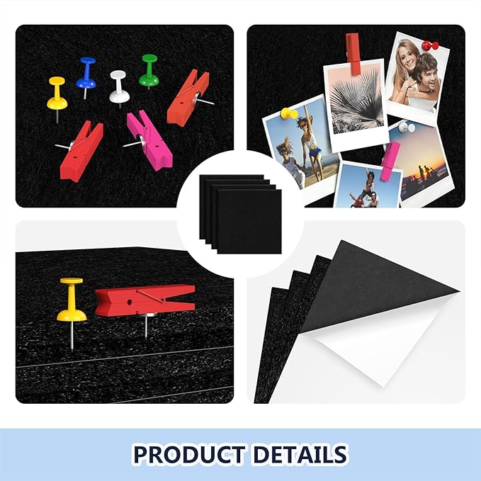 4 Pack Cork Board Tiles 12x12 Inches, 1/2" Thick Felt Cork Squares with 30 Push Pins, Bulletin Board Pin Board, Adhesive Cork Board for for Wall for Home, Office, and Kitchen (Black)