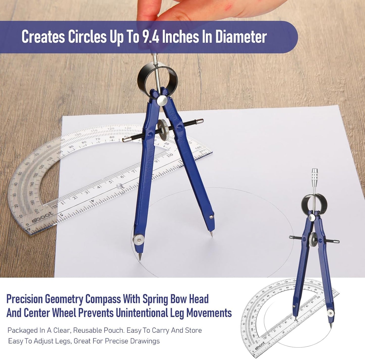 EBOOT Student Geometry Math Set, Drawing Compass and 6 Inch Clear Swing Arm Protractors 180 Degree Math Protractor (Blue)