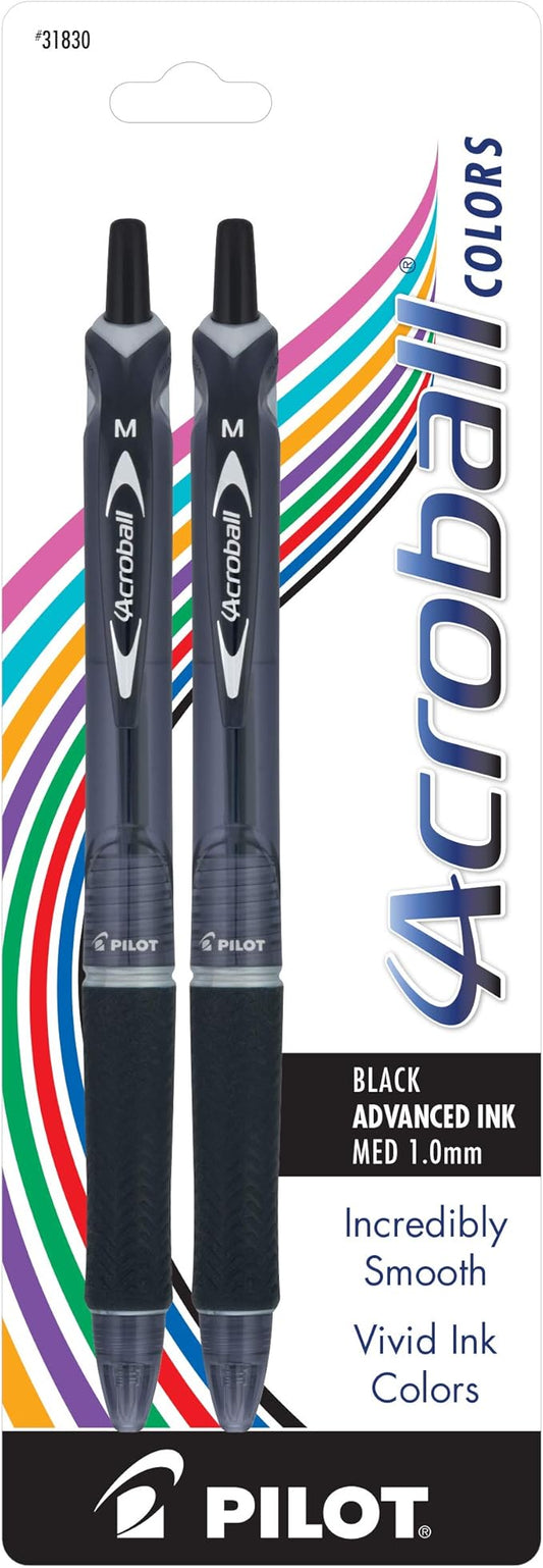 PILOT Acroball Colors Advanced Ink Refillable & Retractable Ball Point Pens, Medium Point, Black Ink, 2-Pack (31830)
