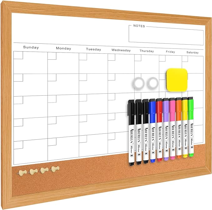 Dry Erase Monthly Calendar Board for Wall, 17"x13" Hanging Board, Magnetic White Boards, Rustic Brown Wood Frame White Board Cork Board Combo, Calendar Bulletin Board for Kitchen Planner Memo Office