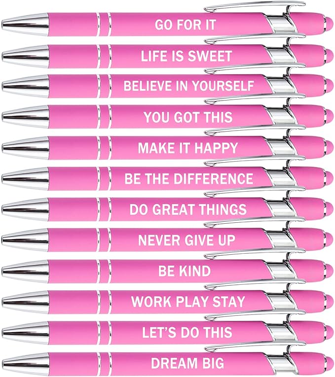 PASISIBICK 12 Pieces Pink Inspirational Motivational Quotes Snarky Screen Touch Stylus Ballpoint Pens, Office Encouraging Scriptures, Black Ink (Pink,Motivational)