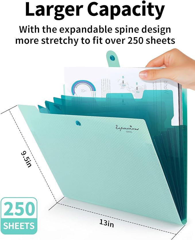 Sooez Expanding File Folder, Letter Size Accordion File Organizer, 5 Pocket Folders for Documents, Cute Folder with Labels, Portable Paper Organizer for School Office Supplies, A4 Size, Sky Blue