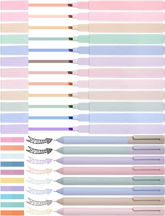 NiArt Bible Highlighters and Pens No Bleed, Morandi Colors 12 Highlighters + 8 Gel Pens + 200 Sticky Notes, Ergonomic Design with Fade-Resistant Soft-Toned Pastel Ink for Journaling