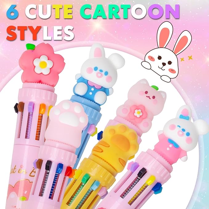 Multicolor Ballpoint Pen 0.7 mm, 10-in-1 Colored Pens Fine Point Retractable Cute Cartoon Ballpoint Pens for Office School Students Kids Christmas Gift, 6 Pack