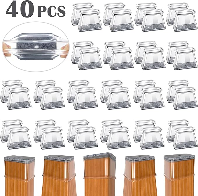 Chair Leg Floor Protectors Rectangle Chair Leg Protectors for Hardwood Floors Silicone Pads Covers to Protect Floors(Clear-40 Pcs, Rectangle M Fit (W:3/4" ~ 1",L:1-1/8"~1-1/2")