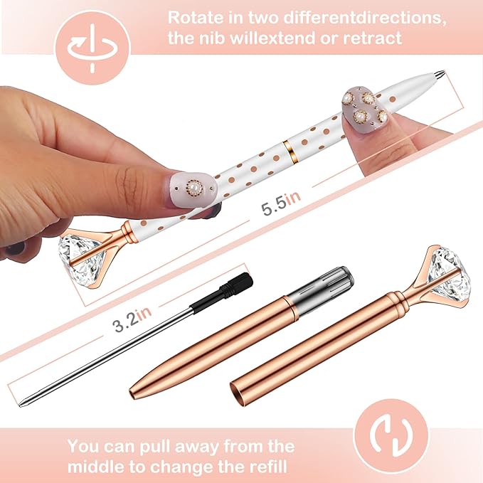 PASISIBICK 3 PCS Crystal Diamond Ballpoint Pen Bling Metal Pen Office Supplies, Rose Gold/Silver/White With Rose Polka Dots/Rose Gold With White Polka Dots, Includes 3 Pen Refills