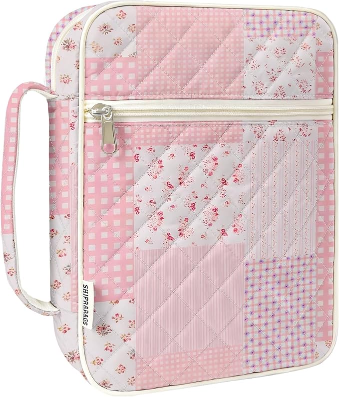 shirabags Quilted Bible Cover Case for Women - Elegant Cotton Bible Bag for Study, Church, Christian Gifts for Women (Pink Floral Patchwork, L)