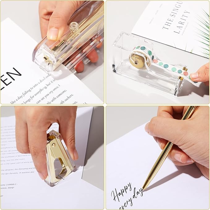 Desk Accessories Office Supplies Set, Christian Charity Donation Supplies Acrylic Stapler Set Staple Remover Tape Dispenser Desk Organizer Pen Holder Binder Paper Clips Ballpoint Scissor(Gold)