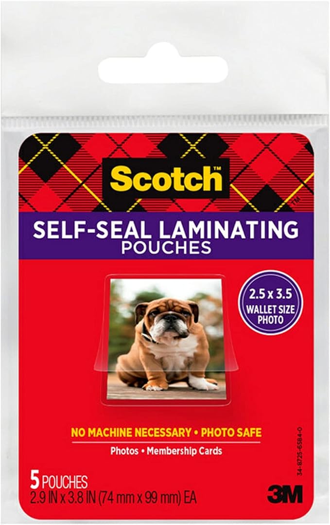 Scotch Self-Sealing Laminating Pouches, Wallet Photo Size, Glossy Finish, 2 1/2 in. x 3 1/2 in., 5 Pouches