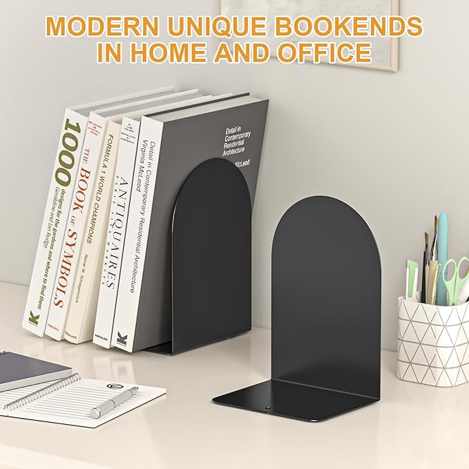 Bookends 2 Pairs, Metal Round Book Ends, Bookends for Shelves, Book Ends for Desk, Book End to Hold Books, Book Stopper, Black Bookend for Home Office
