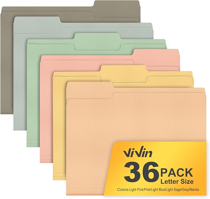 ViVin File Folders, Fits 8.5 x 11 Letter Size Paper, 1/3-Cut Tabs, 36 Pack Manilla Colored File Folders, Perfect for Home, Office, and School Documents File Paper(Assorted)