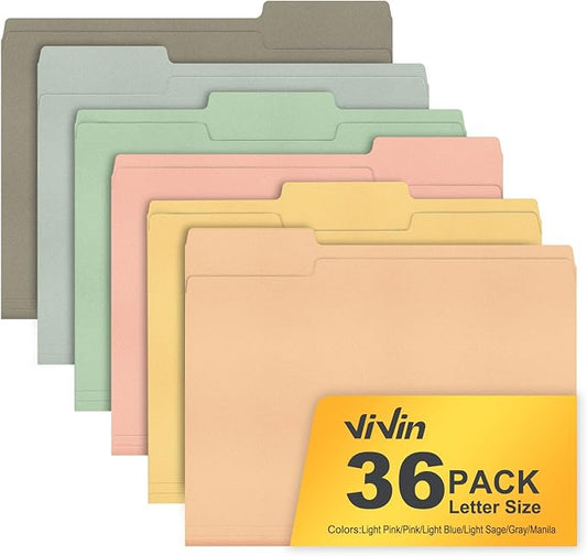 ViVin File Folders, Fits 8.5 x 11 Letter Size Paper, 1/3-Cut Tabs, 36 Pack Manilla Colored File Folders, Perfect for Home, Office, and School Documents File Paper(Assorted)