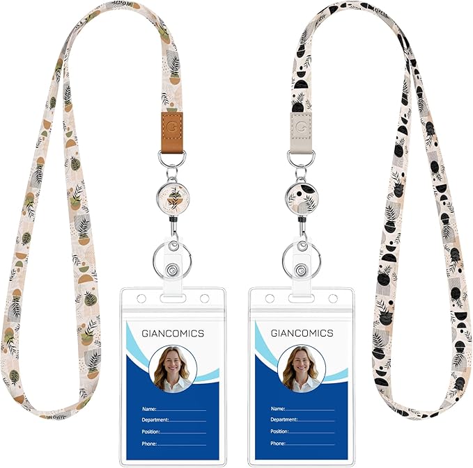 Giancomics Lanyards for Id Badges, Leaf Cute Lanyards with Retractable Reel, Boho Waterproof ID Badge Holder for Cruise Ships Cards Key, Office Work Name Tag Zip Card Protector 2 Pack