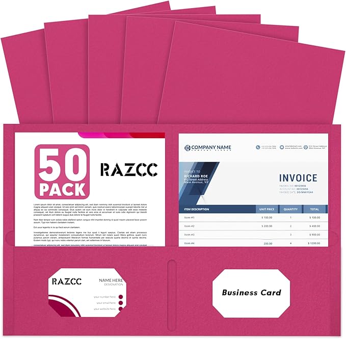 Two Pocket Folders, RAZCC 50 Pack 2 Pocket Folders Fit Letter Size Paper, Paper Folders with Pockets for School Office Business Home, Magenta