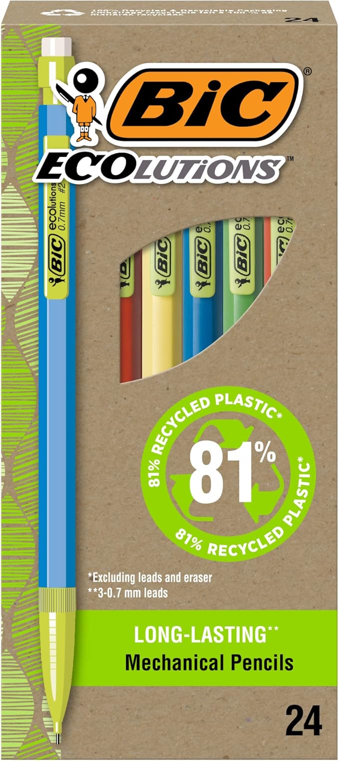 BIC Ecolutions Mechanical Pencils with Erasers, With Colorful Barrel, Medium Point (0.7mm), 24-Count Pack, Mechanical Pencils Made from 81% Recycled Plastic Excluding Leads and Erasers (MPE24-BLK)