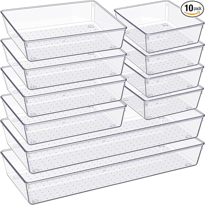 Criusia Drawer Organizer, 10 Pack Large Clear Plastic Kitchen Drawer Organizers Set, 3 Size Versatile Bathroom and Vanity Drawer Organizer Trays, Storage Bins for Makeup, Bedroom, Kitchen Utensils