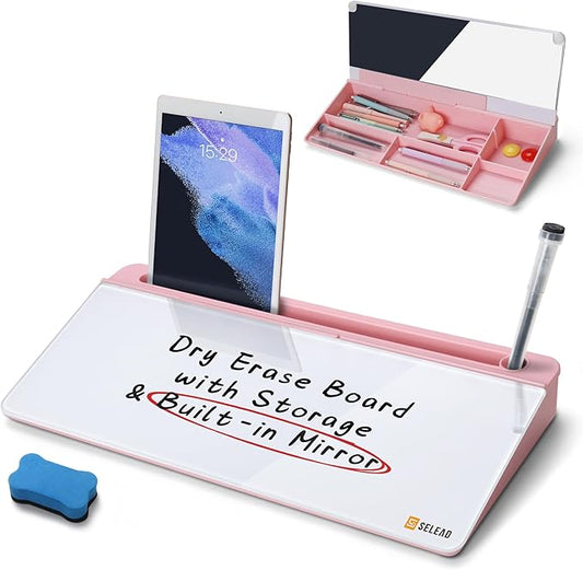 SELEAD Desktop Glass Whiteboard with Organizer & Built-in Mirror - Small Dry Erase White Board Computer Pad Keyboard Stand with Markers, Eraser, Holder for Women Girls - Pink