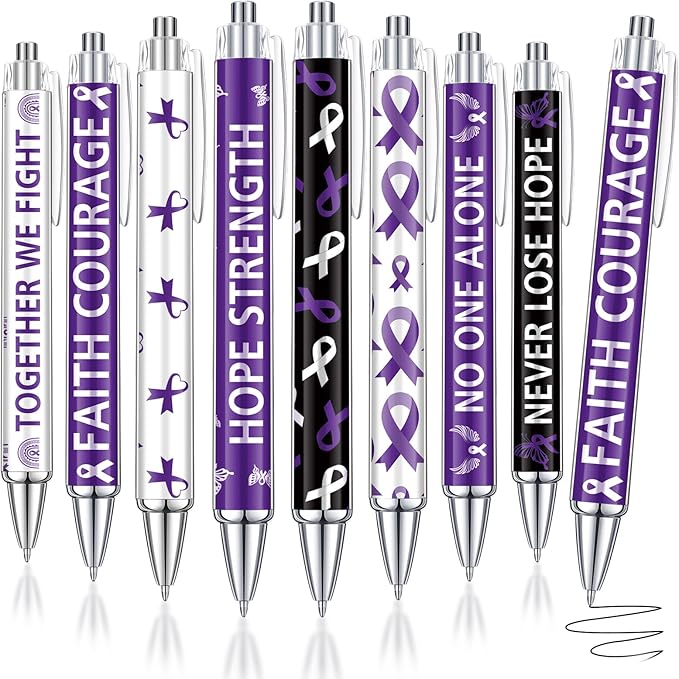 48 Pcs Purple Ribbon Awareness Pens Cancer Awareness Ballpoint Pens Bulk Faith Courage Hope Strength Health Awareness Favor Gifts for Animal Abuse, Alzheimer's, Lupus and Pancreatic Cancer