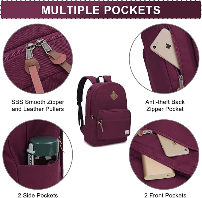 RAVUO Casual Backpack for Women, Water Resistant Classic Basic 15.6 inch Laptop Backpack Rucksack Travel Daypack Bookbag Burgundy