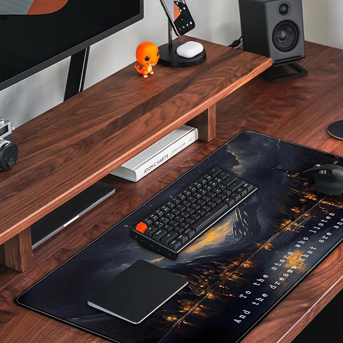 Starry Night Mountain Desk Pad Mat Moon Oil Painting XXL Black Mouse Pad for Gaming Deskpad, Aesthetic Moon and Stars Mousepad Xxl for Laptop Computer Mouse Game Keyboard Mat, 31.5 X 15.8 In