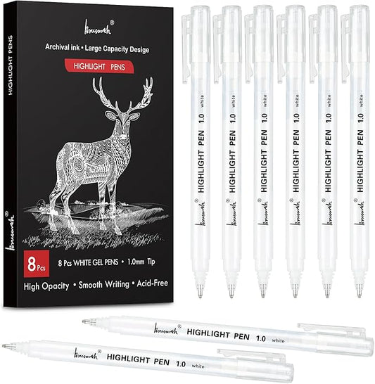 White Pens, White Gel Pens for Artists, 1mm Extra Fine Point, White Pens for Black Paper, White Gel Pen, White Ink Pen, White Drawing Pens,White Pen for Artists Drawing, 8 Pack