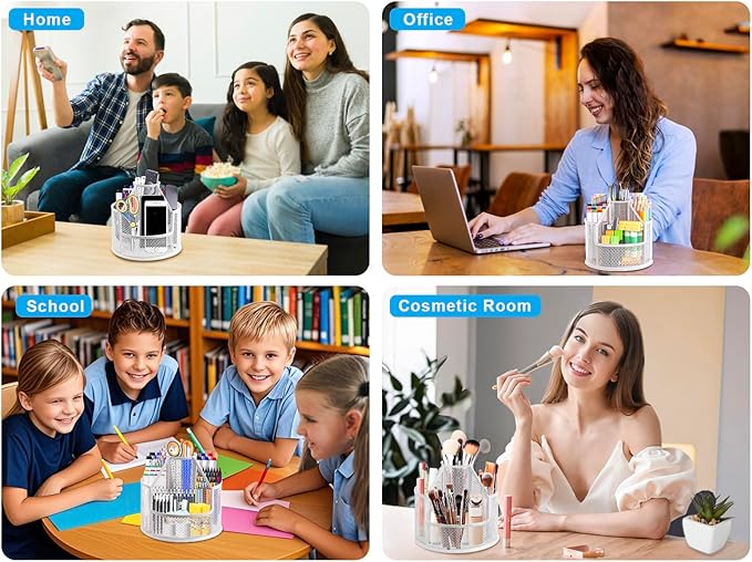 Sturdy Rotating Pen Holder, Cute Metal Pencil Holder, Large Mesh Pen Organizer for Desk, Premium Friendly Office Desk Accessories & Workspace Organizers Pearl White