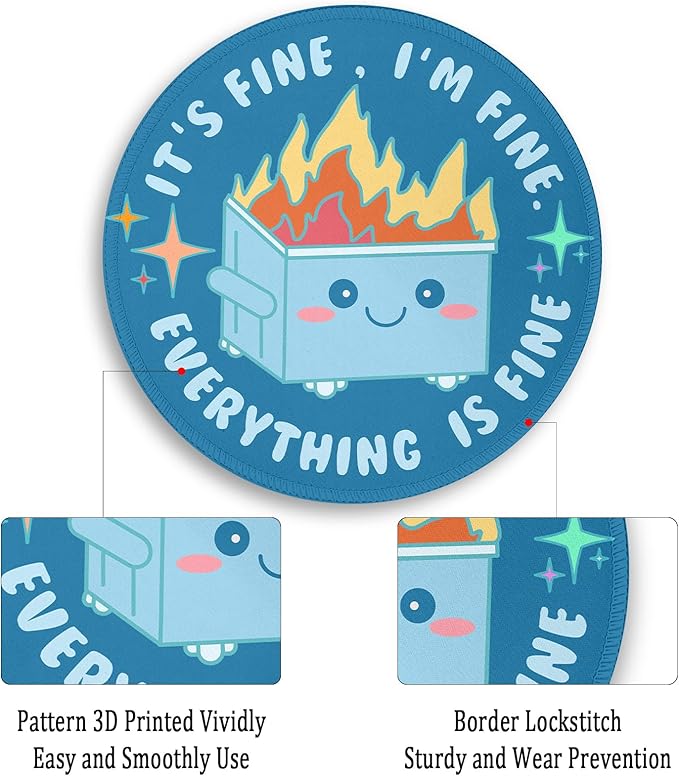 Gctriki Dumpster on Fire Mouse Pad for Desk, Funny Blue Round Mousepad for Computer Laptop Gaming, Stitched Edge Non-Slip Rubber Base, Cute Home Office Desk Accessories Decor for Women