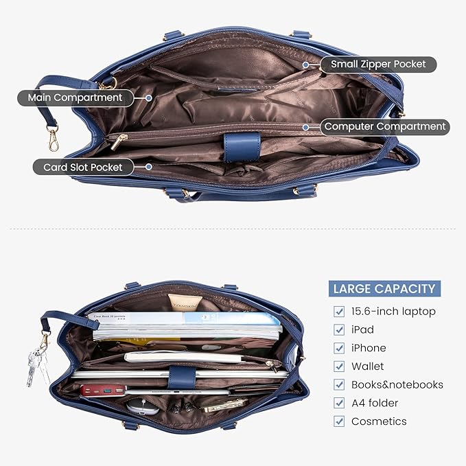 LOVEVOOK Laptop Bag for Women 15.6 Inch Tote Bags Waterproof Leather Briefcase Computer Women Business Office Work Bag,Navy Blue