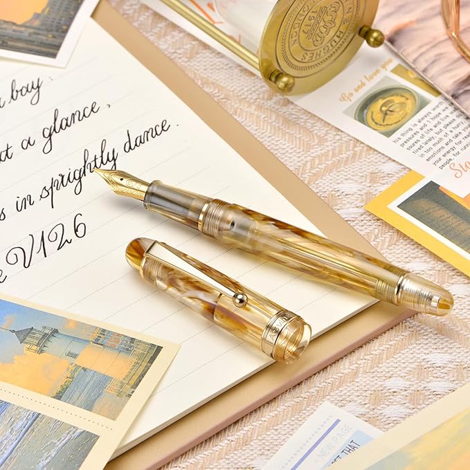 Asvine V126 Vacuum Filling Fountain Pen Brown Swirl Transparent Acrylic, Medium Nib Large-Capacity with Gift Case