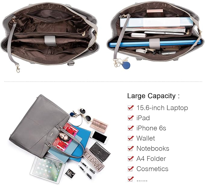 LOVEVOOK Laptop Tote Bag for Women 15.6 Inch Waterproof Leather Computer Bags Women Business Office Work Bag Briefcase Grey