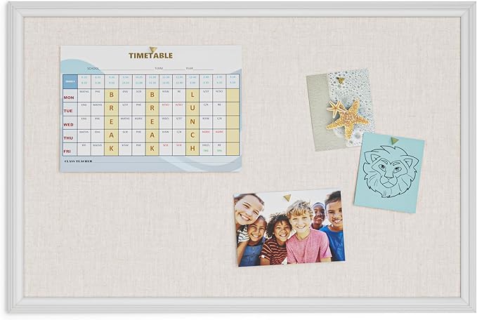 U Brands Farmhouse Linen Bulletin Board, 30"x20", White Wood Style Frame, Includes Push Pins