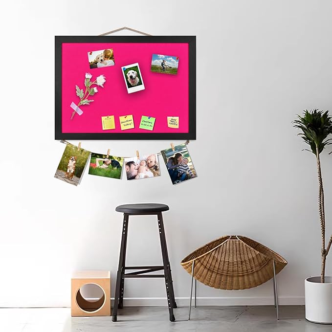 Pink Bulletin Boards Cork Board with Felt, 15"x11" Small Display Pin Board Vision Board for Walls, Jewelry, Notes, Collection, Photos, Office, Wood Framed(Black) & Felt(Pink), 1pc