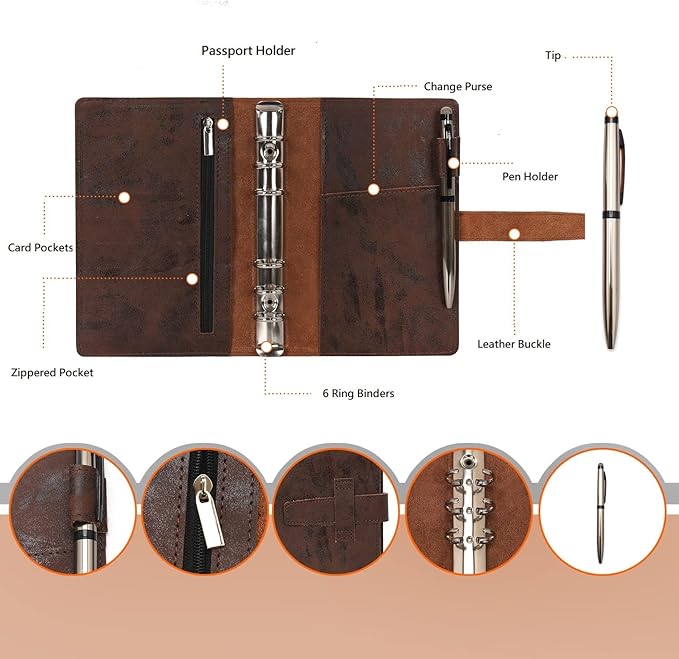 Wonderpool Leather Journal Refillable Binder A6 Writing Notebook Folder Organiser with Dotted Paper & Multi Pockets Cover for Business School Travel (A6, Coffee)