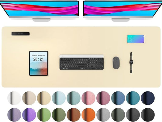 Aothia Leather Desk Pad Protector, Office Desk Mat, Large Mouse Pad, Non-Slip PU Leather Desk Blotter, Laptop Desk Pad, Waterproof Desk Writing Pad for Office and Home (48"x17", Soft Yellow)