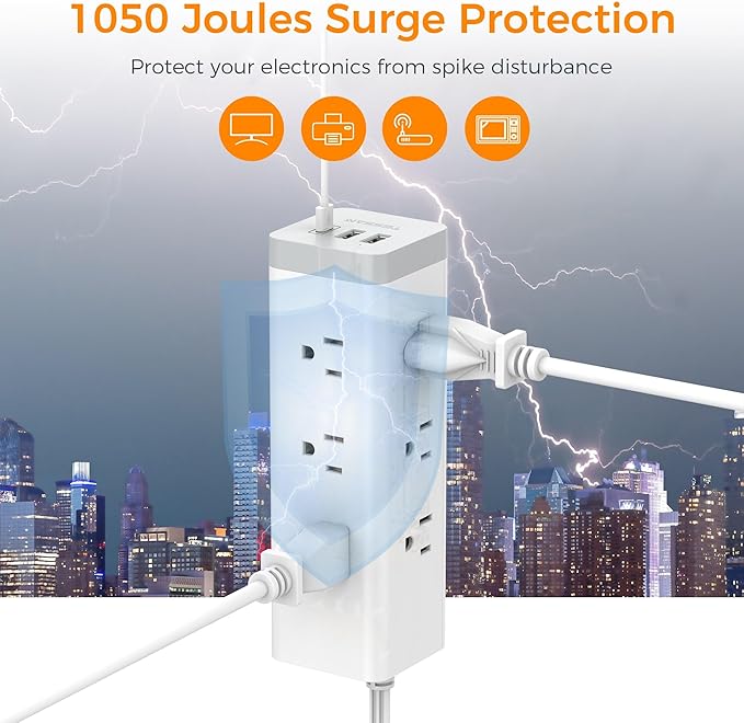 Surge Protector Power Strip with USB, TESSAN Ultra Thin Flat Plug 6 FT Extension Cord with 9 Outlets 3 USB(1 USB C), 1050 J Surge Protector Charging Station for Indoor,Office, Dorm Room Essentials