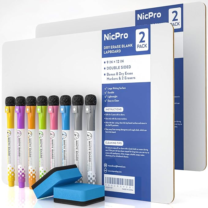 Nicpro Dry Erase Lap Board 9 x 12 inches 2 Pack Kid Double Sided Blank Small Lapboard with 8 Pens, 2 Eraser, Learning Mini Whiteboard Portable Drawing Board for Student and Classroom Use
